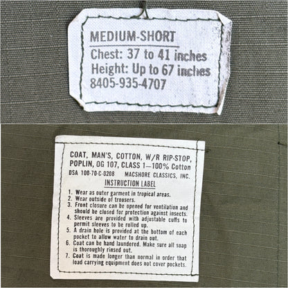 Med Short. Authentic 1970 US Army vintage Vietnam jungle jacket.