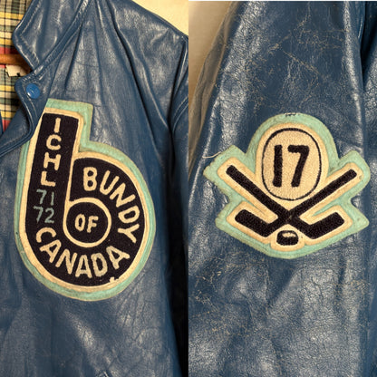 Size 44US / 54EU Vintage 1970s Bundy of Canada Hockey Jacket — ICHL 71-72 Varsity Leather Bomber — Rare Canadian Sports Collectible-AJ357 Studio
