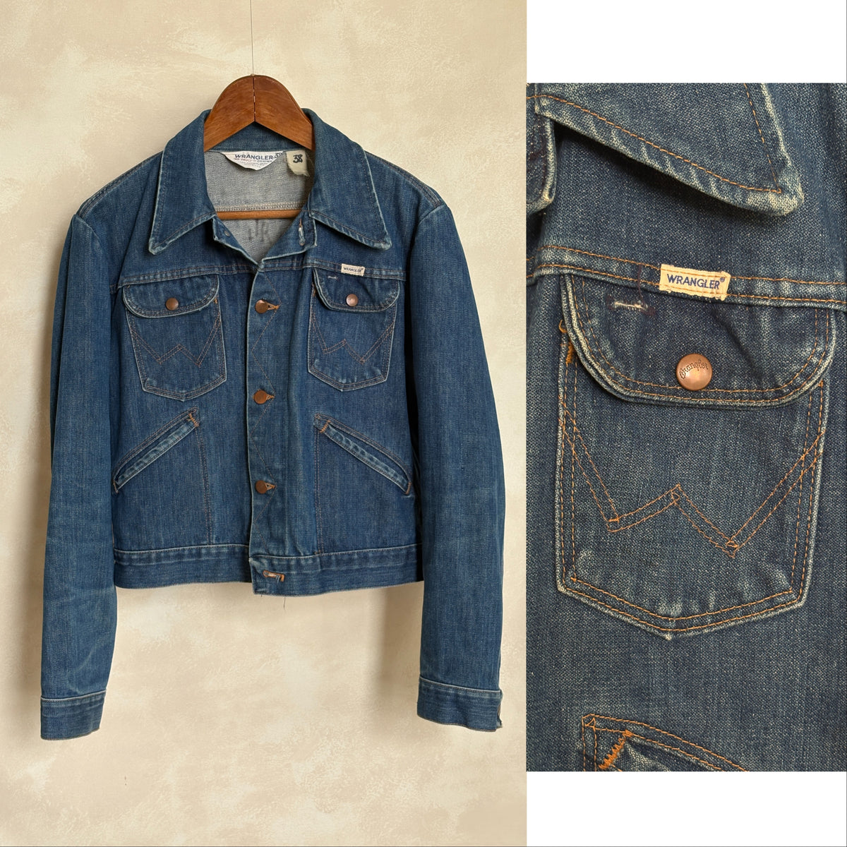 Size 34US / 44EU. Authentic 80s Wrangler denim jacket -4 pockets- Made in the USA-AJ357 Studio