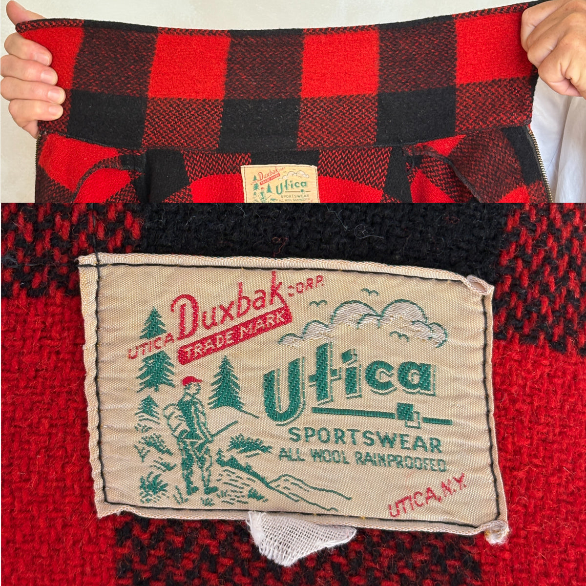 Vintage 1950s Utica N.Y. Wool Jacket Made in USA – Red Black Plaid Zip Workwear.