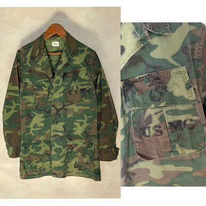 Small Long. Authentic USMC 1969 US Army vintage Erld camouflage Vietnam jungle jacket. Military-AJ357 Studio