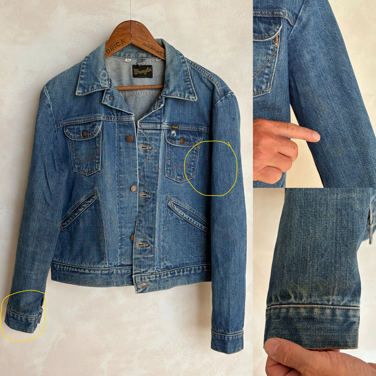 Size 44US / 54 EU Authentic 70s Wrangler denim jacket -4 pockets- Made in the USA-AJ357 Studio