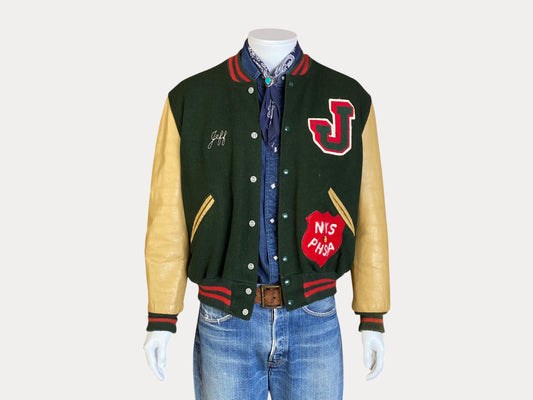 Chaqueta universitaria vintage NYS PHSAA con mangas de cuero, talla 44 EE. UU. (54 UE)