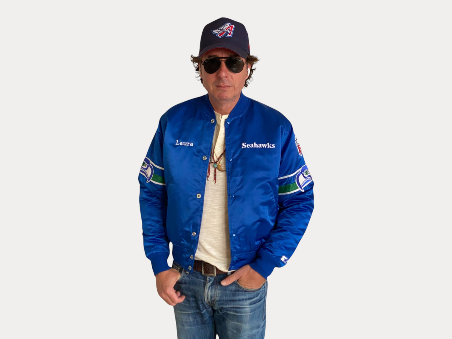 Taille M. Veste Starter vintage en satin des Seahawks des années 80, fabriquée aux États-Unis.