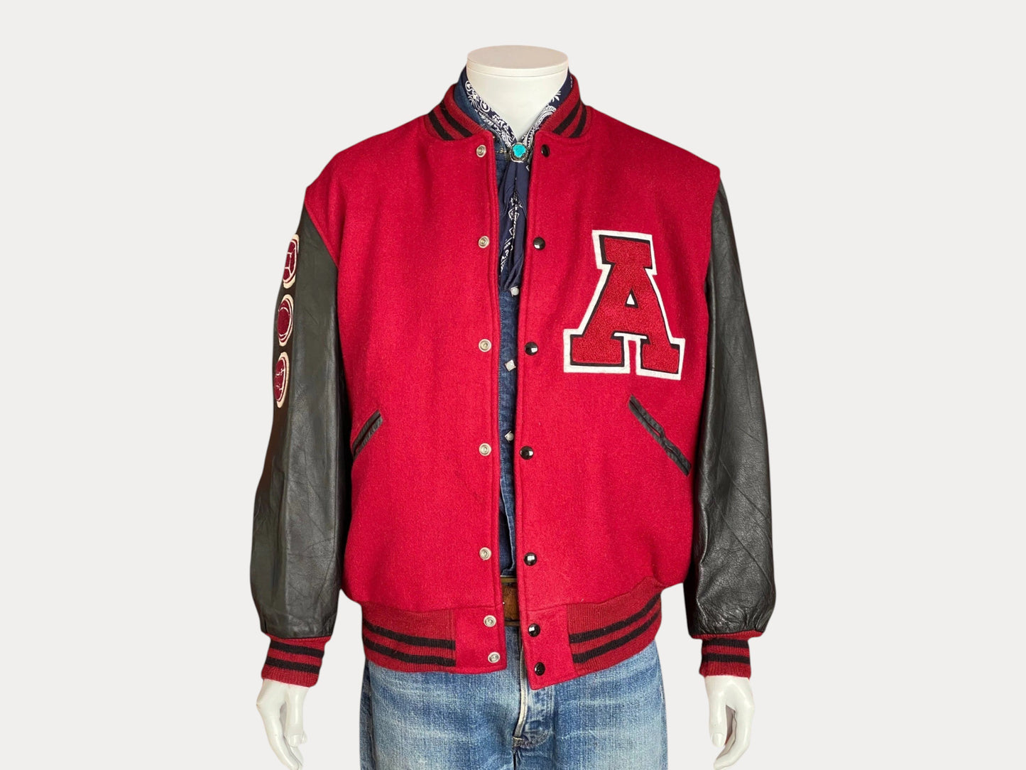 Talla L. Chaqueta Butwin Vintage Annandale con mangas de cuero, estilo universitario/literario, fabricada en EE. UU.