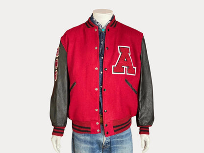 Talla L. Chaqueta Butwin Vintage Annandale con mangas de cuero, estilo universitario/literario, fabricada en EE. UU.