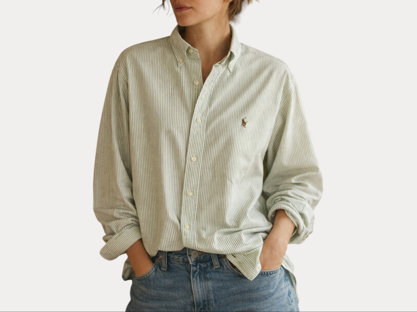 Ralph Lauren BLAKE Shirt Large Green White Striped Cotton Button Down