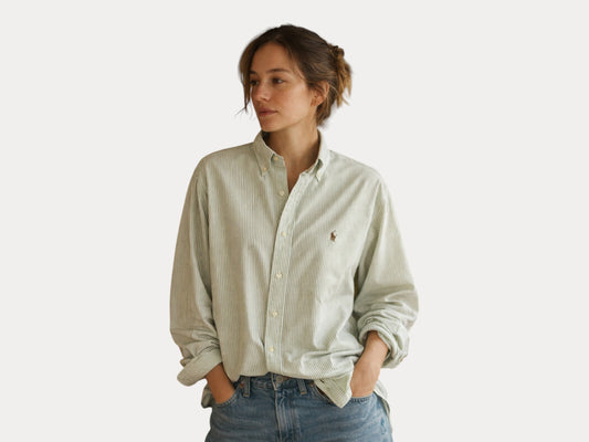 Ralph Lauren BLAKE Shirt Large Green White Striped Cotton Button Down