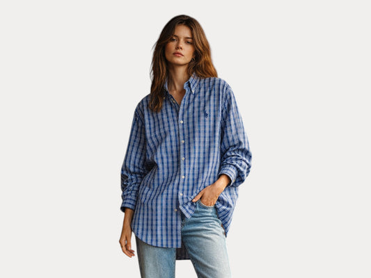 Ralph Lauren Custom Fit Shirt Medium Blue White Plaid Cotton Button Down
