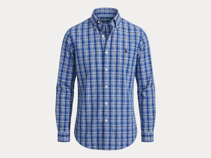 Ralph Lauren Custom Fit Button-Down Shirt Medium | Blue Plaid Cotton | Mens Classic Shirt