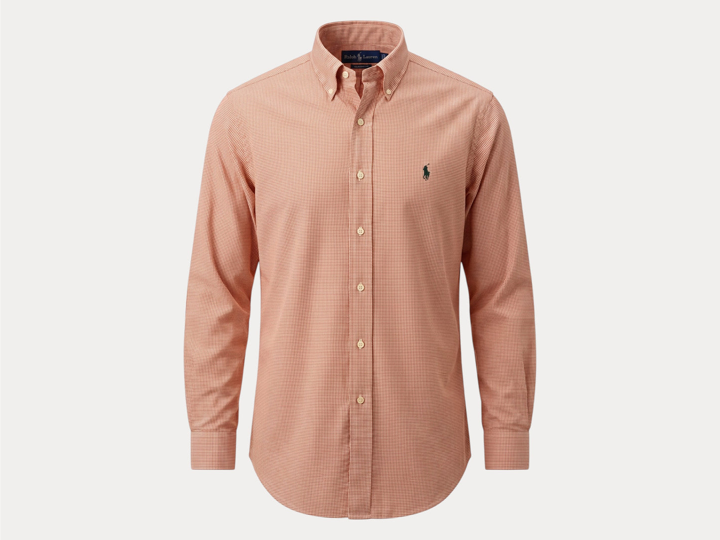 Ralph Lauren Classic Fit Button-Down Shirt Large | Rust Orange Houndstooth Cotton | Vintage Mens Shirt