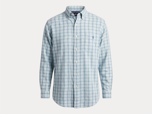 Ralph Lauren Sport Button-Down Shirt Large | Light Blue Plaid Cotton | Vintage Mens Shirt — As Is