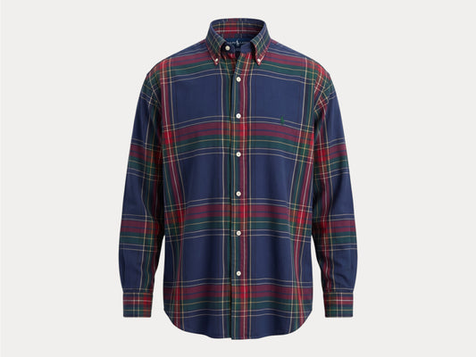 Ralph Lauren Button-Down Shirt Medium | Navy Red Tartan Plaid Cotton | Mens Classic Shirt
