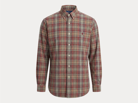 Ralph Lauren Classic Fit Plaid Shirt 16/L Olive Green Burgundy Cotton
