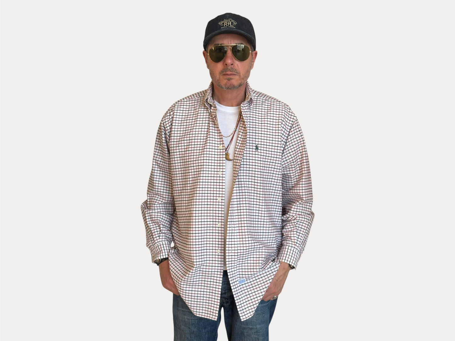 Ralph Lauren Shirt Medium Cream Windowpane Check Cotton Vintage