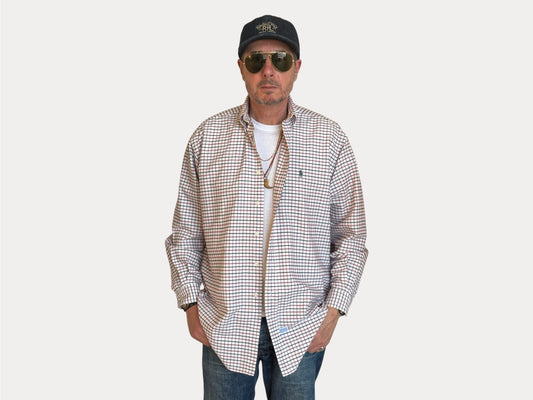 Ralph Lauren Shirt Medium Cream Windowpane Check Cotton Vintage