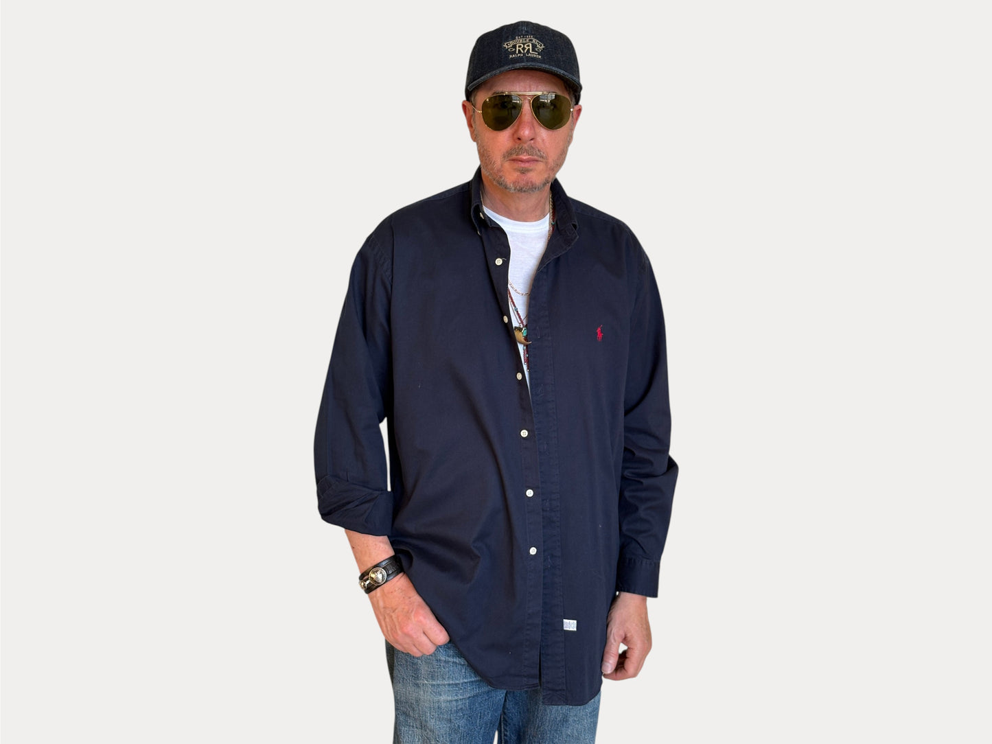 Ralph Lauren Shirt Medium Navy Cotton Twill Red Pony Logo Vintage