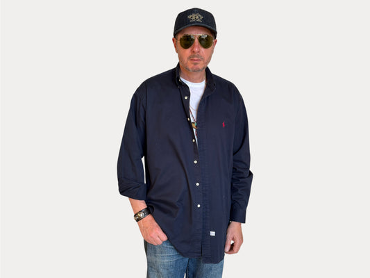 Ralph Lauren Shirt Medium Navy Cotton Twill Red Pony Logo Vintage