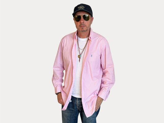 Ralph Lauren Classic Fit Shirt 16.5/35 Pink White Stripe Cotton Made in Philippines