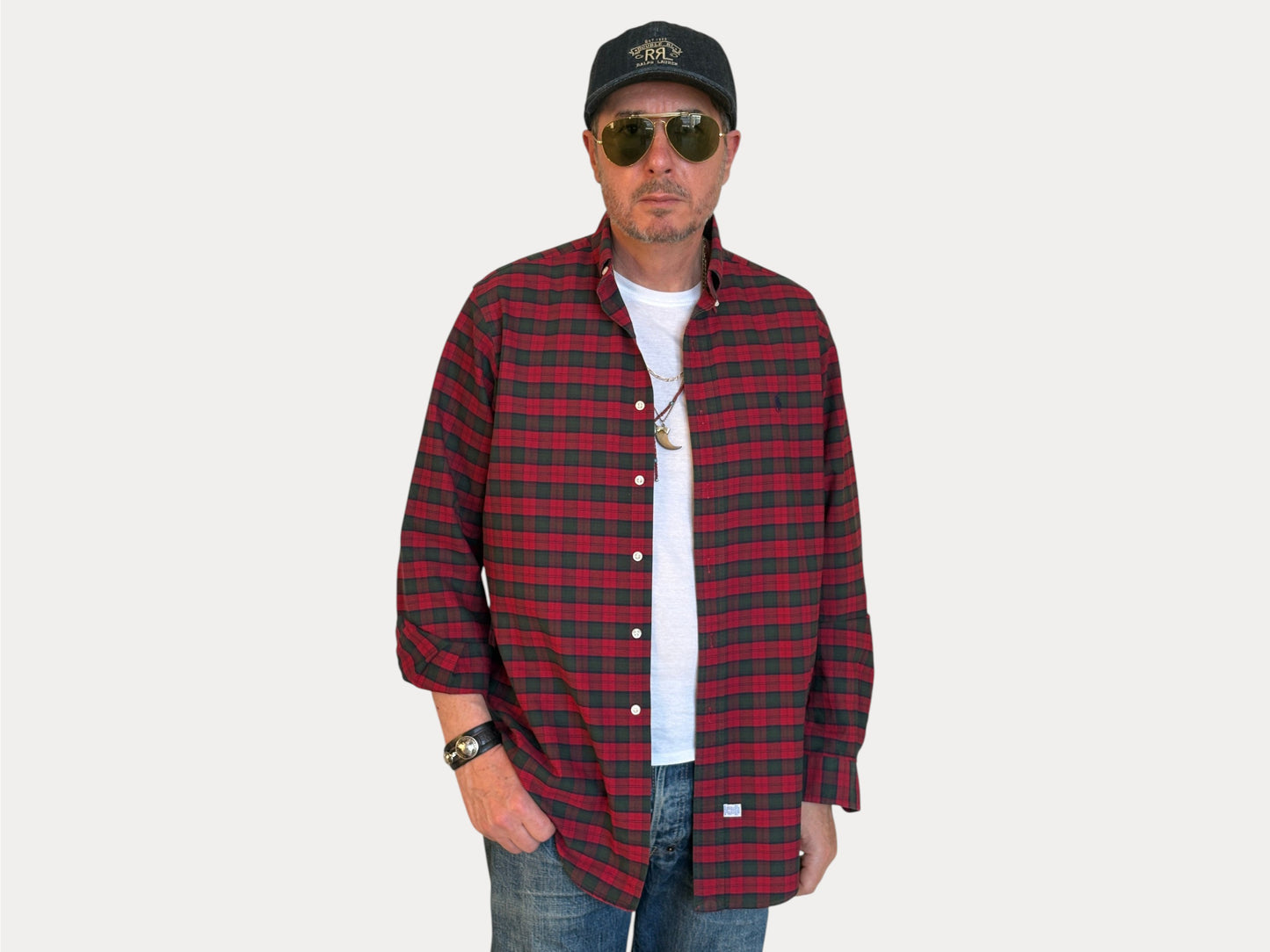 Ralph Lauren Shirt Medium Red Green Tartan Plaid 100% Cotton Vintage