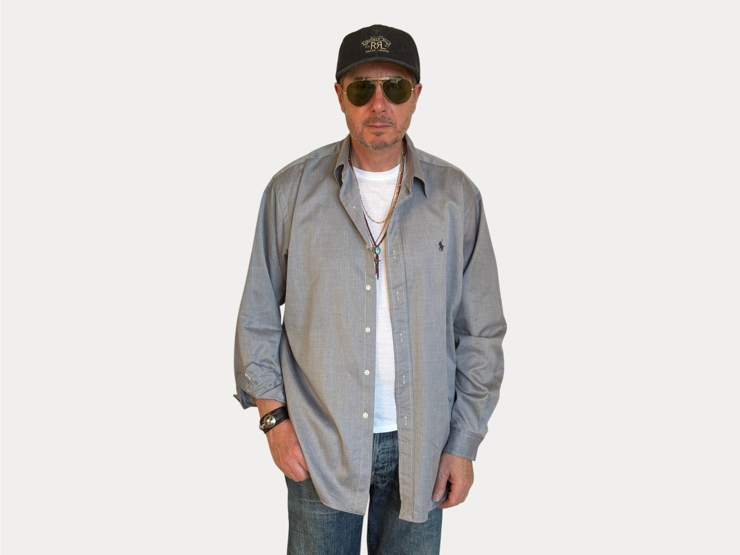 Polo Ralph Lauren Lowell Sport Shirt L Grey Herringbone 100% Cotton
