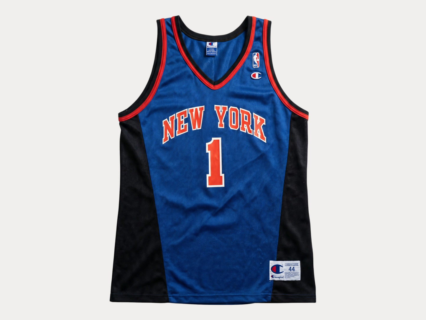 Champion New York Knicks Allan Houston #1 Jersey Size L/44 Blue Black Orange Mesh 90s NBA