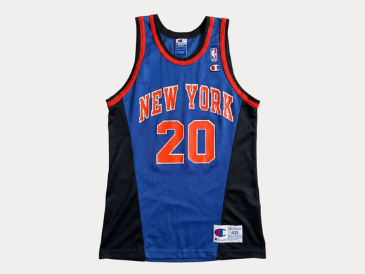 Champion New York Knicks Larry Johnson #20 Jersey Size 40 Blue Black Orange Mesh 90s NBA