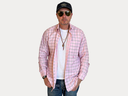 Tommy Hilfiger Shirt Medium Pink Windowpane Check 80s 2 Ply Cotton