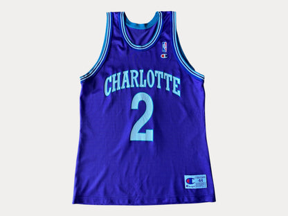 Maillot authentique NBA Larry Johnson n° 2 des Charlotte Hornets des années 90, taille 44 | Fabriqué aux États-Unis par Champion