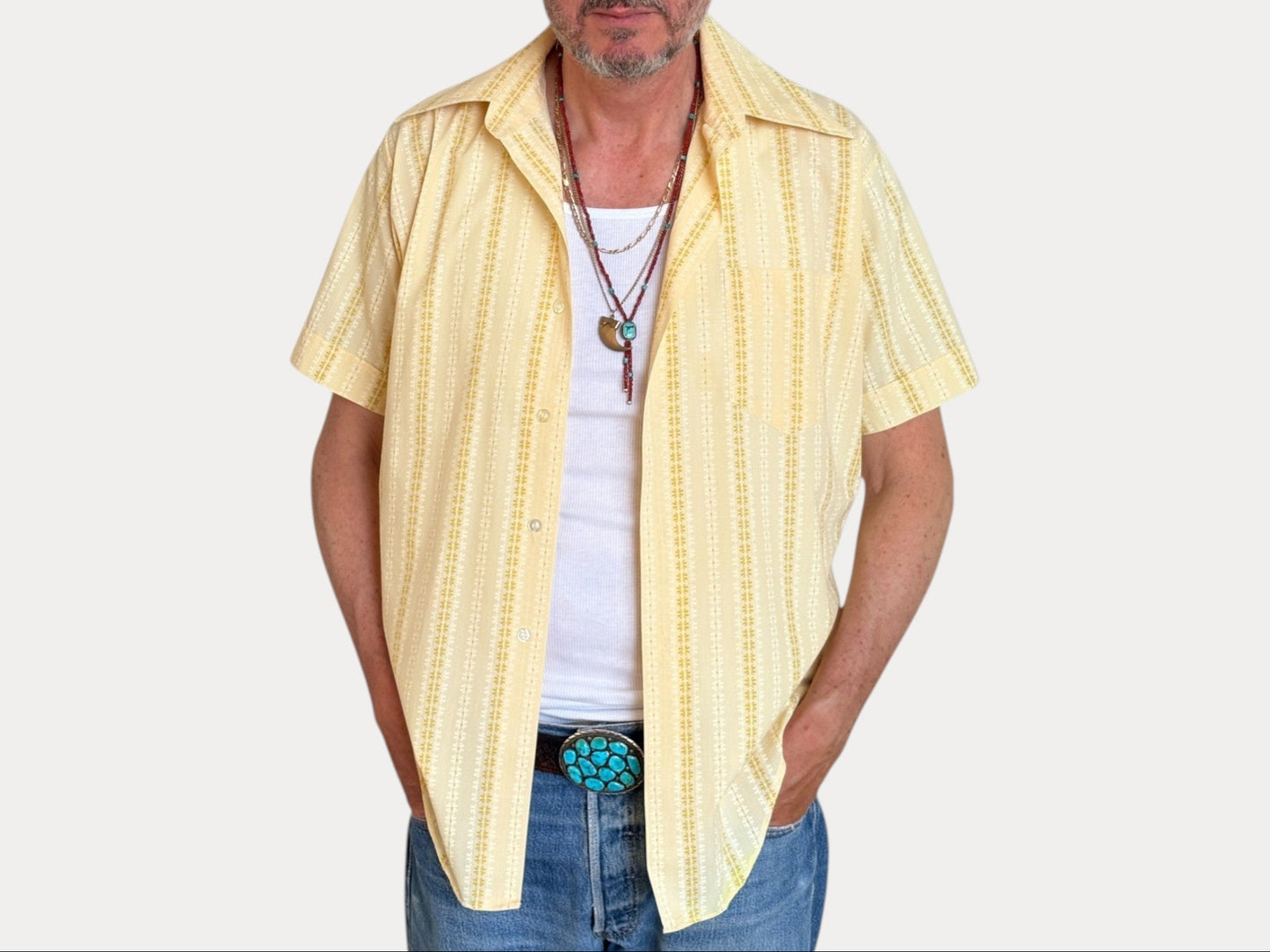 Size M. Vintage 70’s Yellow Striped Printed Shirt — Retro Casual Summer Shirt