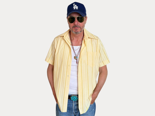Size M. Vintage 70’s Yellow Striped Printed Shirt — Retro Casual Summer Shirt