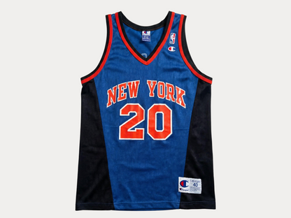 Champion New York Knicks Larry Johnson #20 Jersey Size M/40 Blue Black Orange Mesh 90s NBA