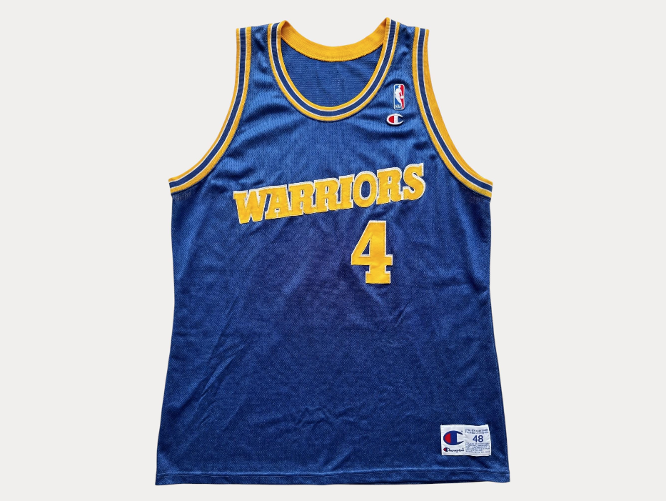 Champion Golden State Warriors Chris Webber #4 Jersey Size 48 Blue Yellow Mesh 90s NBA USA