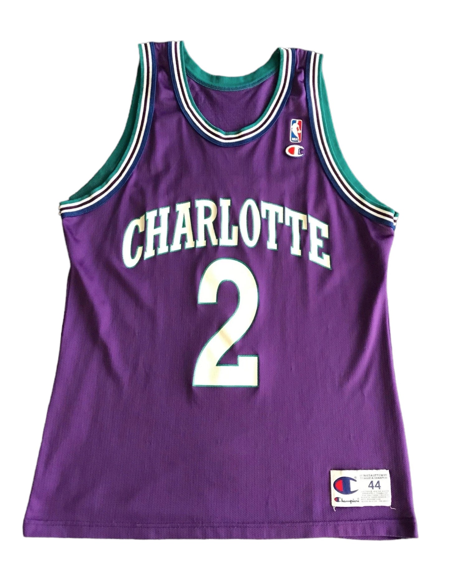 Rare Vintage Champion NBA Charlotte Hornets L. Johnson #2 Basketball Jersey with Iron-On NBA Logo