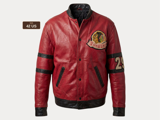 Size 42US / 52EU Vintage 1970s Sunbeam Varsity Leather Jacket — Red & Black Canadian Sports Bomber —
