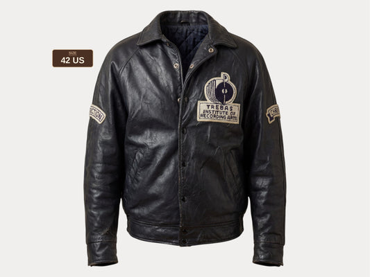 Size 42US / 52EU Vintage 1980s Trebas Institute of Recording Arts Leather Varsity Jacket  — Toronto Recording Arts College