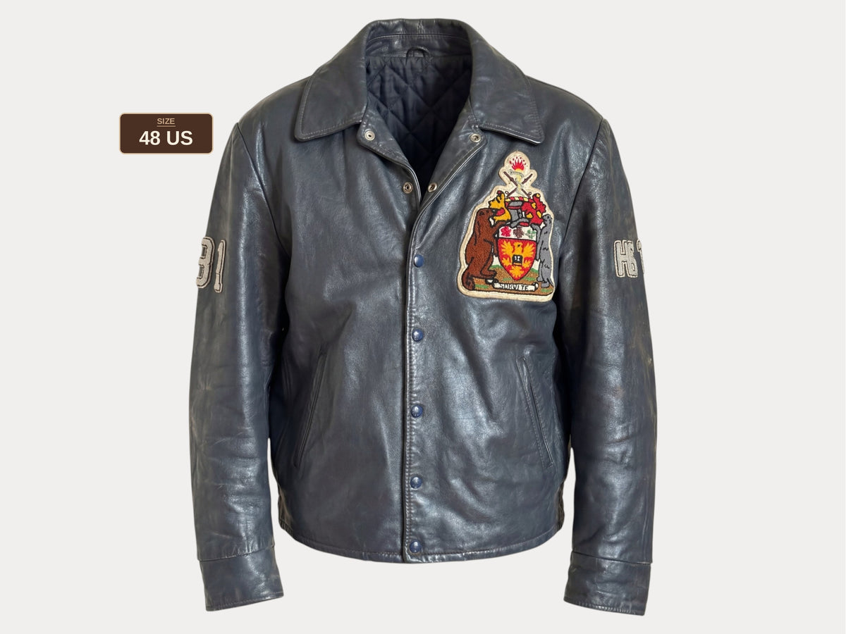 Size 48 US / 58 EU · Vintage 90s Leather College Jacket — Brock University Bomber Canadian Varsity