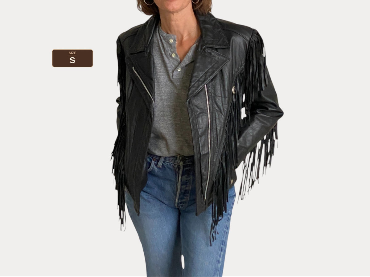 Size Small. Vintage leather fringe motorcycle jacket Made in USA