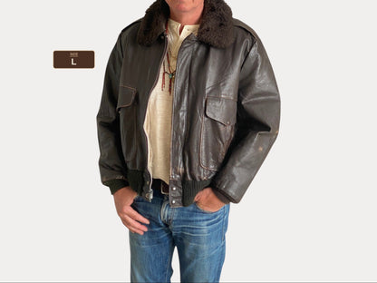 Size Large.  Vintage Aviator Flight Jacket – Classic Leather Bomber-Made in USA-