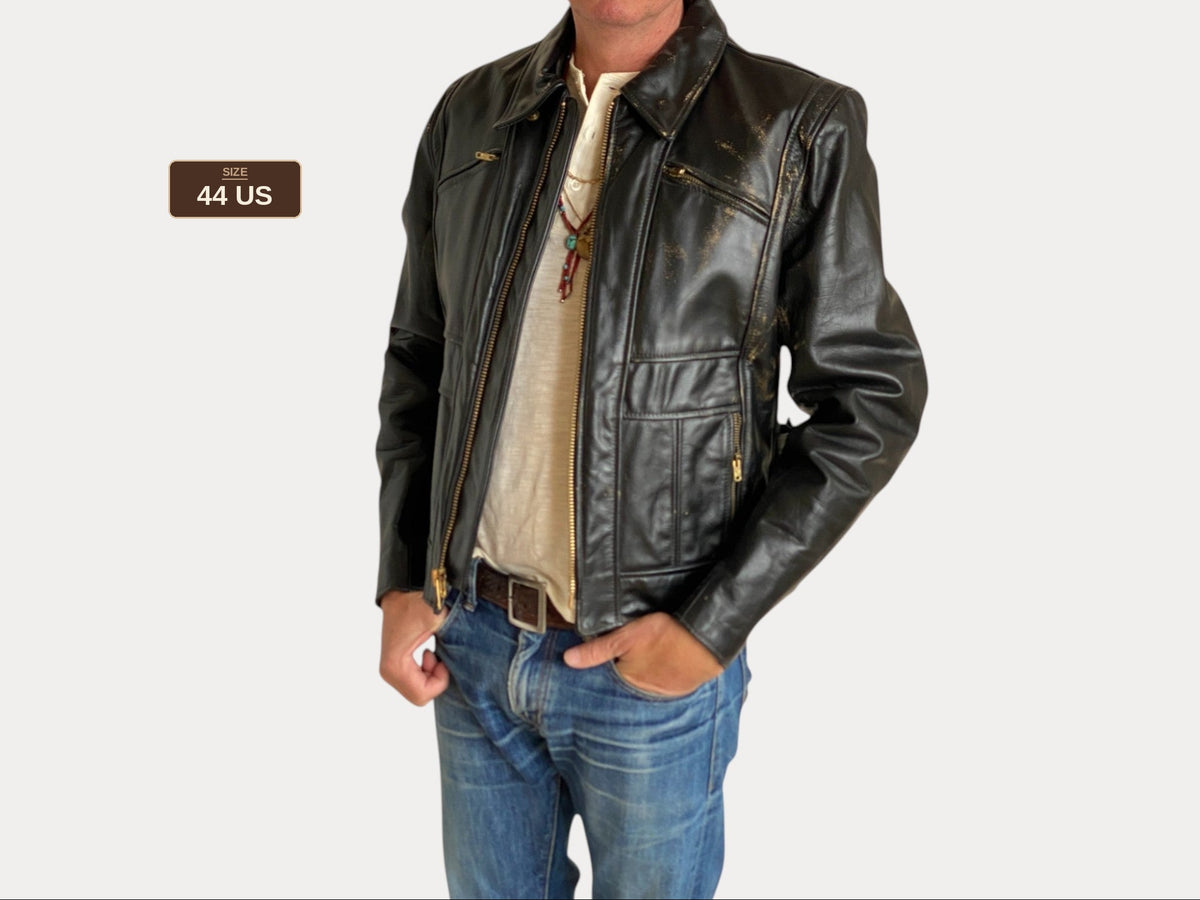 Vintage 70s Heavy Leather Motorcycle Jacket - Size 44 US (54 EU) | USA Vintage BCN