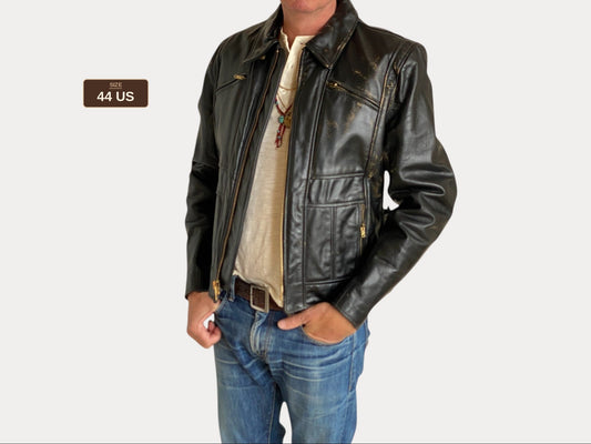Vintage 70s Heavy Leather Motorcycle Jacket - Size 44 US (54 EU) | USA Vintage BCN