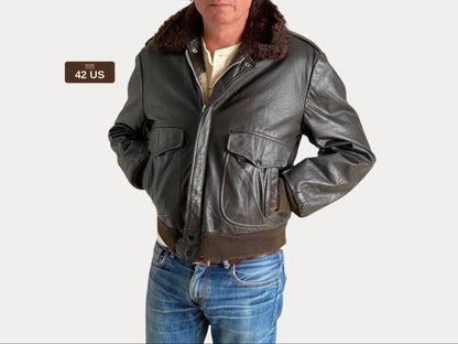 Vintage Leather Bomber Flight Jacket – Size 42US / 52EU – Featuring a Talon zipper
