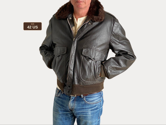 Vintage Leather Bomber Flight Jacket – Size 42US / 52EU – Featuring a Talon zipper