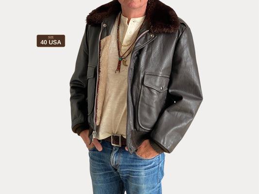 Size 40USA/50 Euro. Vintage 70s flight leather jacket made in USA talon zip