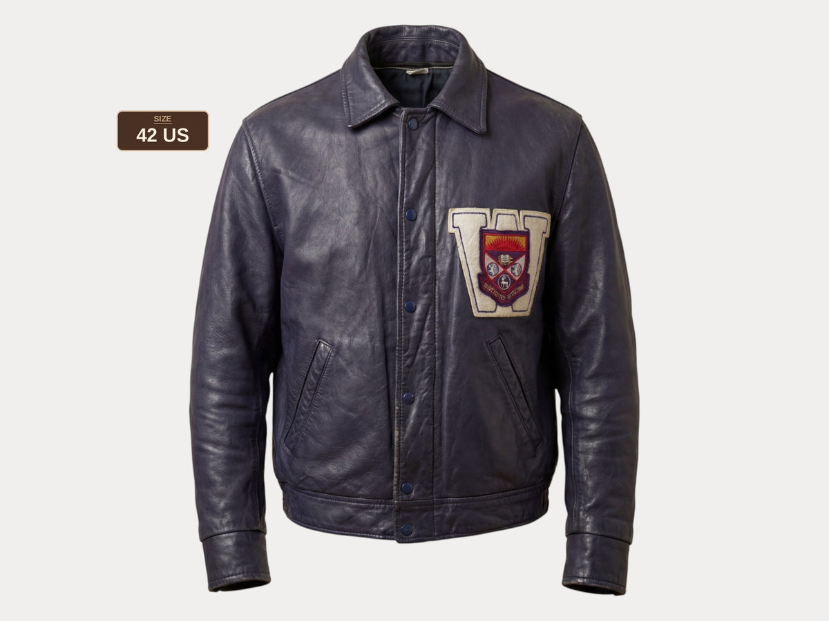 Vintage 1970s Western University Leather Varsity Jacket – Purple Letterman Bomber, Canadian College Style, Size 42US / 52EU Made in Canada-AJ357 Studio