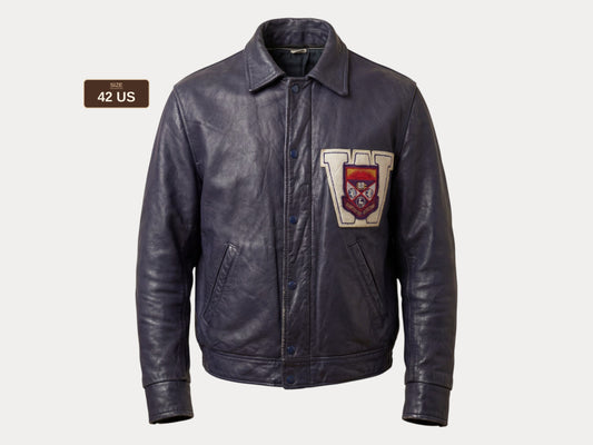 Vintage 1970s Western University Leather Varsity Jacket – Purple Letterman Bomber, Canadian College Style, Size 42US / 52EU Made in Canada