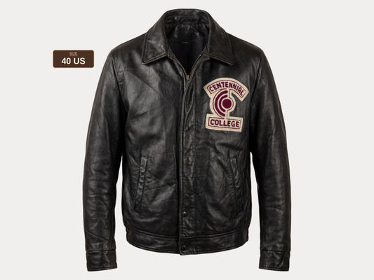 Vintage black 1970s Centennial College Leather Varsity Jacket – Designed in Canada, Size 40US / 50EU