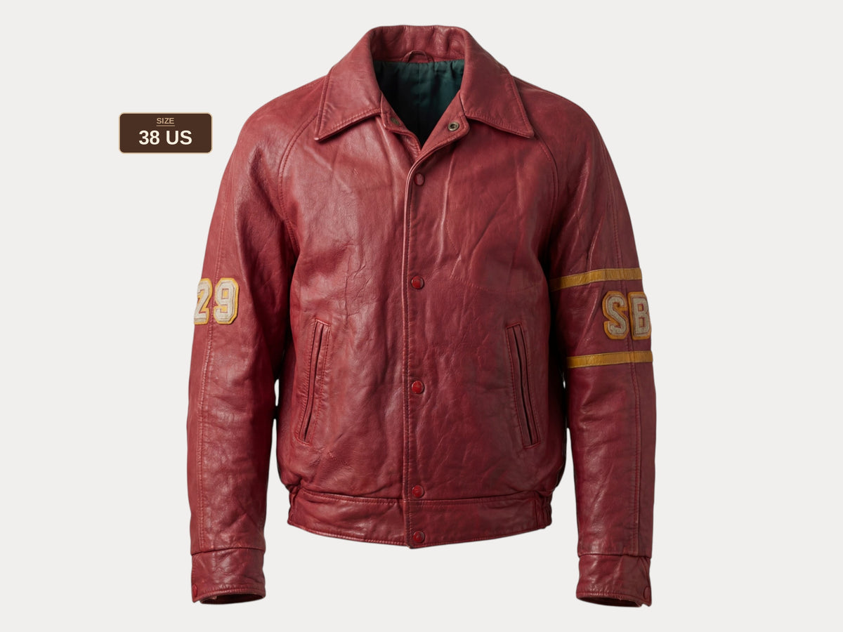 Size 38US / 48EU. Vintage 1970s Redmen Leather Varsity Jacket — St. Boniface College Style — Canadian Sports Team Bomber #29 SB Patch-AJ357 Studio