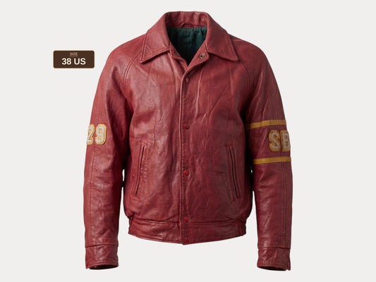 Size 38US / 48EU. Vintage 1970s Redmen Leather Varsity Jacket — St. Boniface College Style — Canadian Sports Team Bomber #29 SB Patch