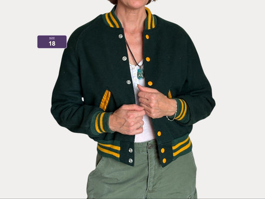Size 18. Green Vintage 70s varsity jacket Made in USA